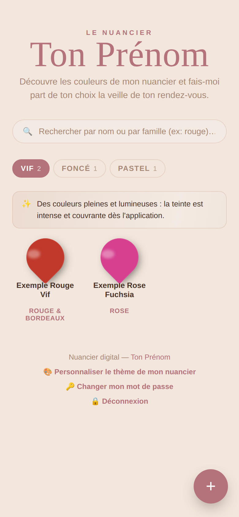 Pied de page avec les boutons Personnaliser le thème, Changer mon mot de passe et Déconnexion