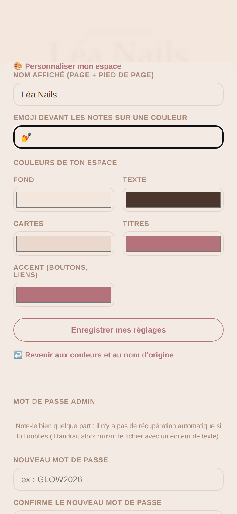 Panneau Personnaliser le thème avec les champs nom, emoji et couleurs