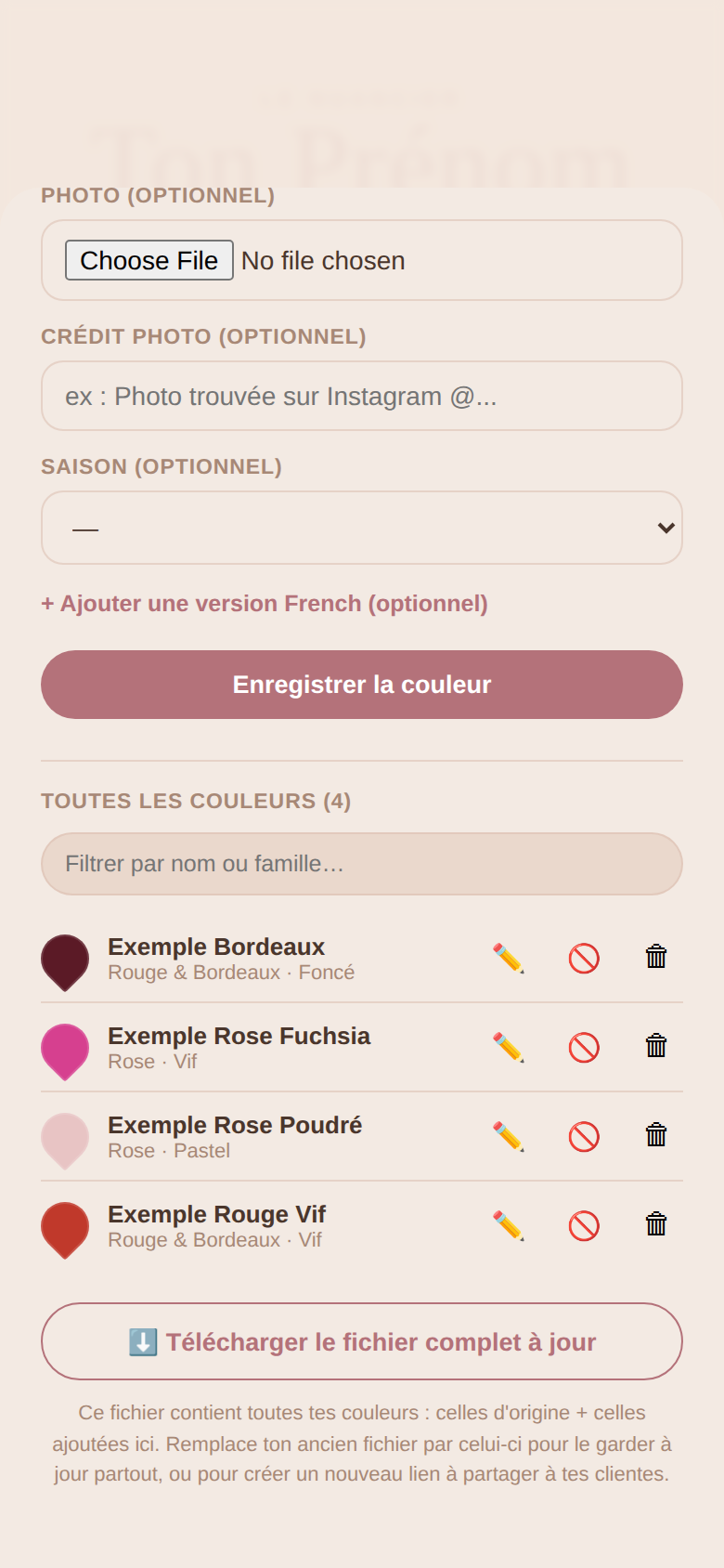 Liste de toutes les couleurs avec les boutons modifier, rupture de stock et suppression